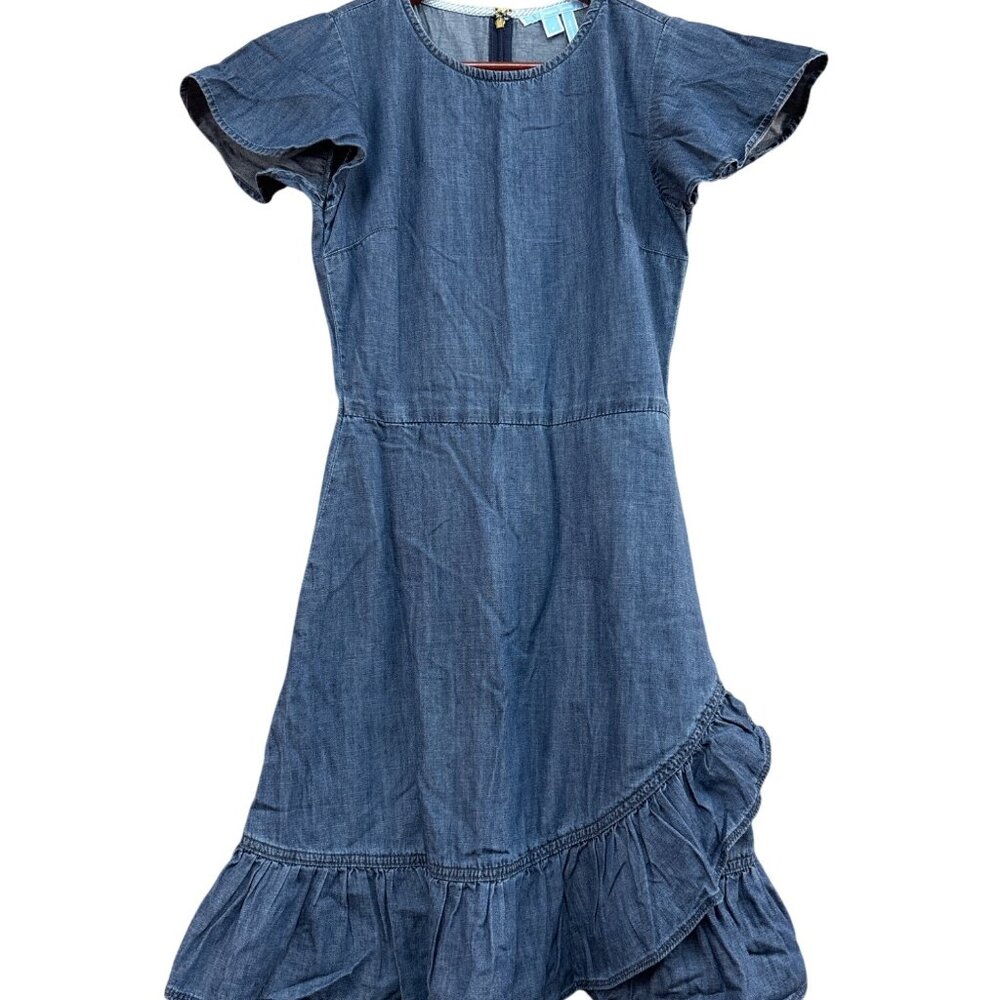 Draper James Blue Denim Ruffled Hem Short Sleeve Dress Size O